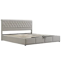 Redom Lit 140x190 cm avec rangement (sommier inclus) et tête de lit rembourrée en lin gris minimaliste européen Best