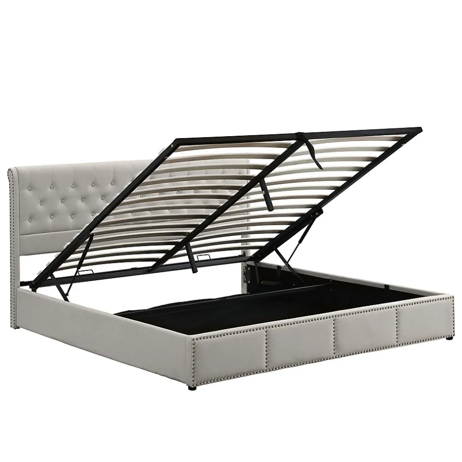 Redom Lit 140x190 cm avec rangement (sommier inclus) et tête de lit rembourrée en lin gris minimaliste européen Best