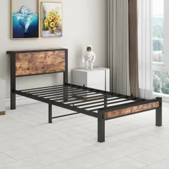 Redom Lit 90x200 cm avec rangement sous cadre et tête de lit en MDF, structure métal brun antique Discount