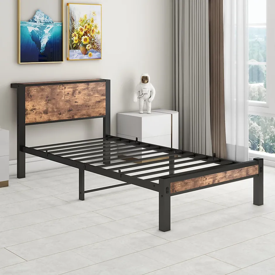 Redom Lit 90x200 cm avec rangement sous cadre et tête de lit en MDF, structure métal brun antique Discount