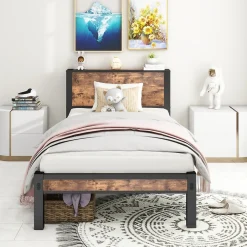 Redom Lit 90x200 cm avec rangement sous cadre et tête de lit en MDF, structure métal brun antique Discount