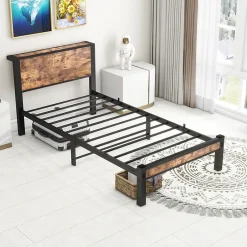 Redom Lit 90x200 cm avec rangement sous cadre et tête de lit en MDF, structure métal brun antique Discount