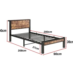 Redom Lit 90x200 cm avec rangement sous cadre et tête de lit en MDF, structure métal brun antique Discount
