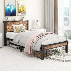 Redom Lit 90x200 cm avec rangement sous cadre et tête de lit en MDF, structure métal brun antique Discount
