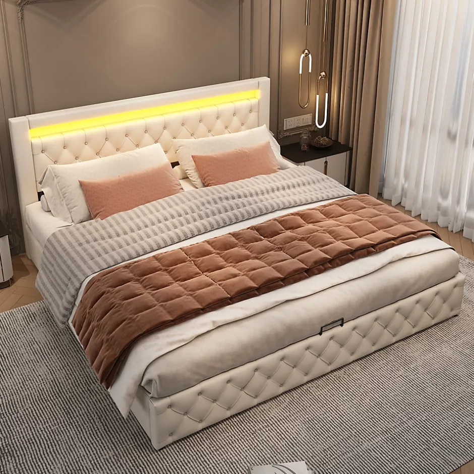 Redom Lit 180x200 cm avec rangement sous sommier et tête de lit rembourrée en PU, design moderne et élégant New