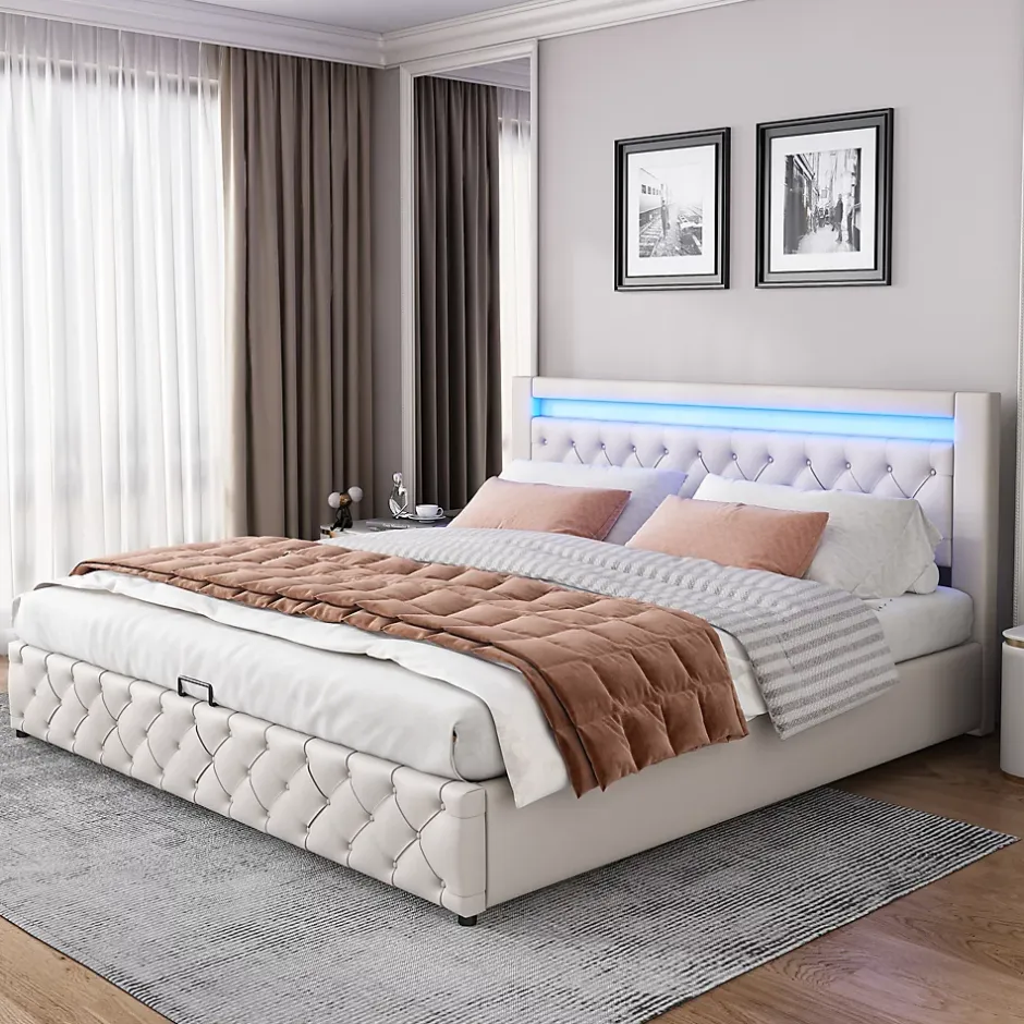 Redom Lit 180x200 cm avec rangement sous sommier et tête de lit rembourrée en PU, design moderne et élégant New