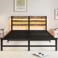 Redom Lit 140x200 cm avec rangement sous le lit et éclairage LED RGB, cadre métal et surface boisée noir brun