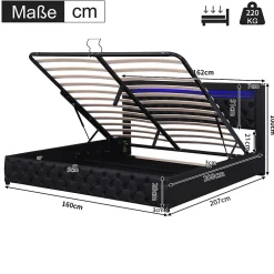 Redom Lit 160x200 cm avec rangement, tête de lit rembourrée et éclairage LED, tapissé PU noir, sommier inclus