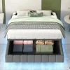 Redom Lit 140x200 cm avec rangement, tapissé lin gris, éclairage LED multicolore intégré, sans tête de lit