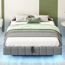 Redom Lit 140x200 cm avec rangement, tapissé lin gris, éclairage LED multicolore intégré, sans tête de lit