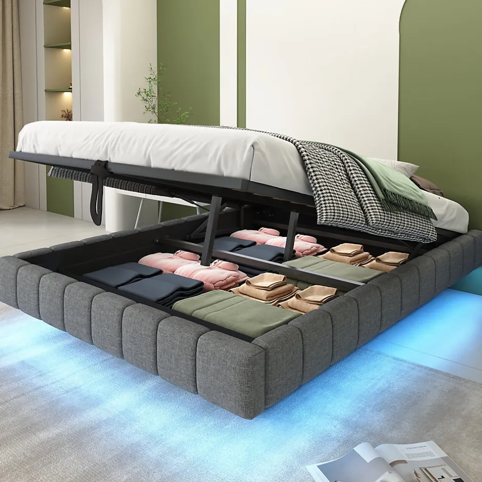 Redom Lit 140x200 cm avec rangement, tapissé lin gris, éclairage LED multicolore intégré, sans tête de lit