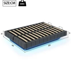 Redom Lit 140x200 cm avec rangement, tapissé lin gris, éclairage LED multicolore intégré, sans tête de lit