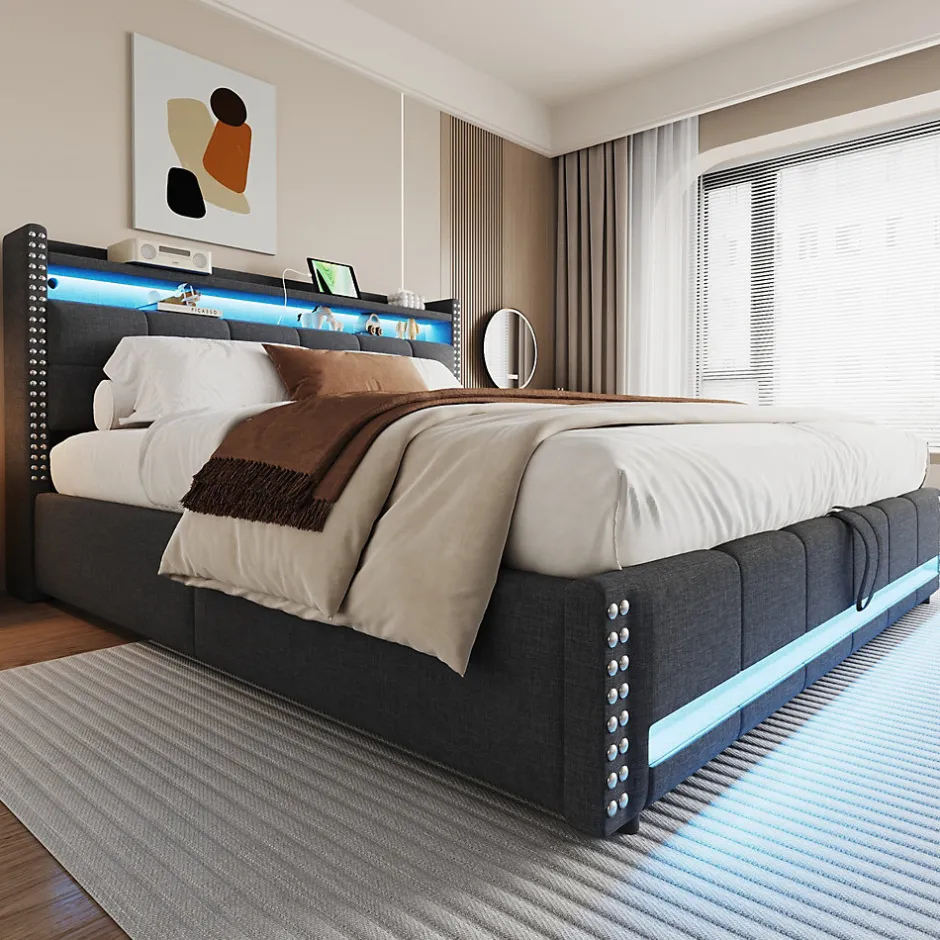 Redom Lit 180x200 cm avec rangement, tête de lit éclairée led et revêtement en lin gris, système hydraulique