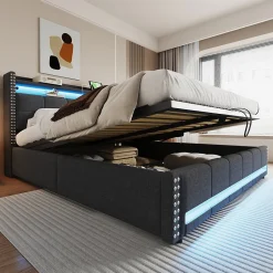 Redom Lit 180x200 cm avec rangement, tête de lit éclairée led et revêtement en lin gris, système hydraulique