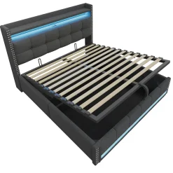 Redom Lit 180x200 cm avec rangement, tête de lit éclairée led et revêtement en lin gris, système hydraulique