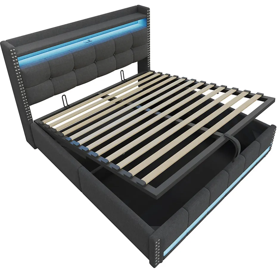 Redom Lit 180x200 cm avec rangement, tête de lit éclairée led et revêtement en lin gris, système hydraulique