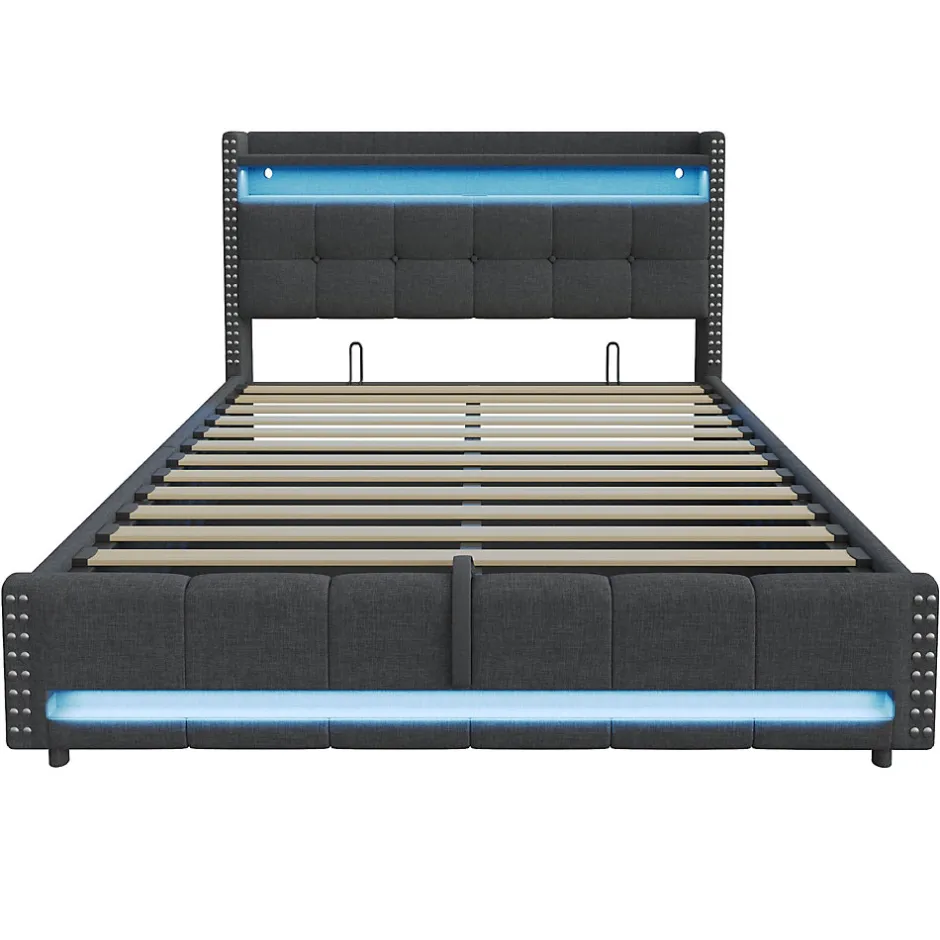 Redom Lit 180x200 cm avec rangement, tête de lit éclairée led et revêtement en lin gris, système hydraulique