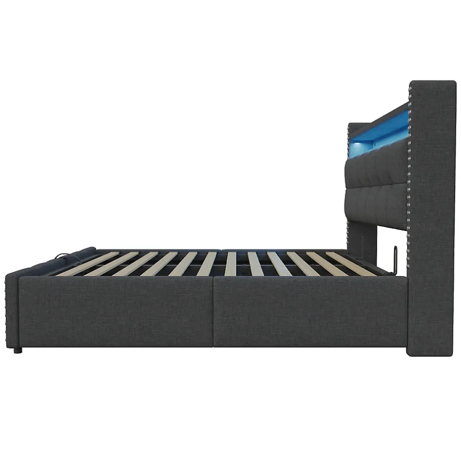 Redom Lit 180x200 cm avec rangement, tête de lit éclairée led et revêtement en lin gris, système hydraulique