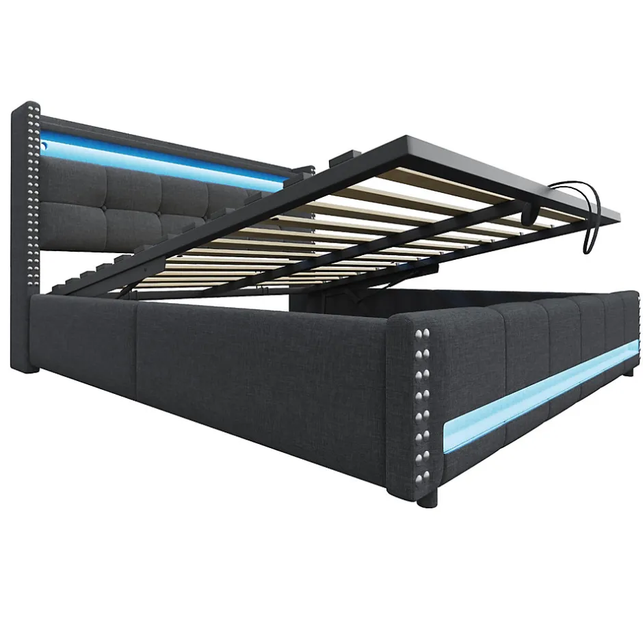 Redom Lit 180x200 cm avec rangement, tête de lit éclairée led et revêtement en lin gris, système hydraulique