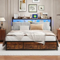Simple Life Lit 180x200 cm avec sommier à lattes, LED, 4 tiroirs, Adolescents, sans matelas