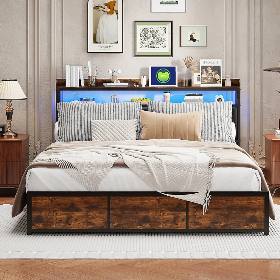 Simple Life Lit 180x200 cm avec sommier à lattes, LED, 4 tiroirs, Adolescents, sans matelas