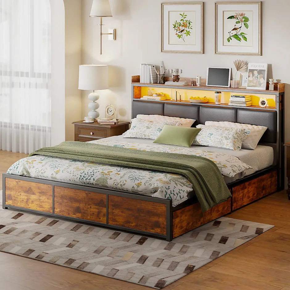 Simple Life Lit 180x200 cm avec sommier à lattes, LED, 4 tiroirs, Adolescents, sans matelas