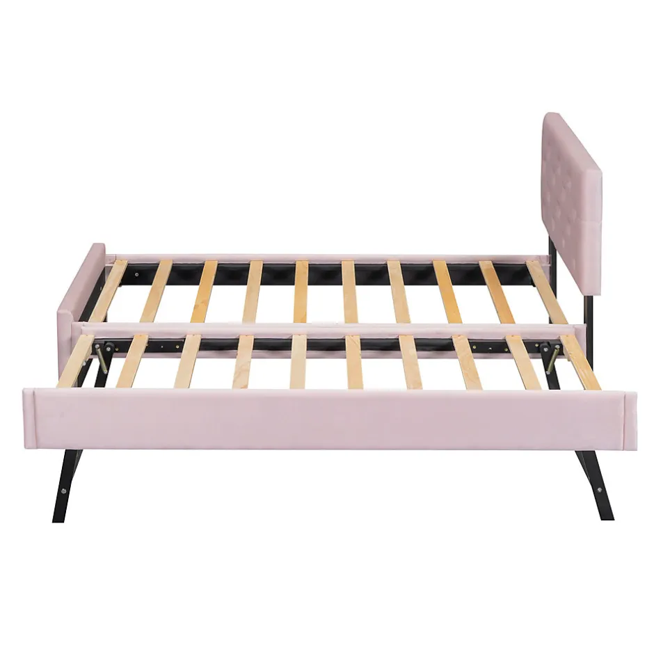 Redom Lit 90x200 cm avec sommier à lattes et tiroir roulant, tête de lit capitonnée à boutons, tapissé velours rose