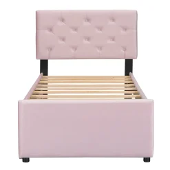 Redom Lit 90x200 cm avec sommier à lattes et tiroir roulant, tête de lit capitonnée à boutons, tapissé velours rose