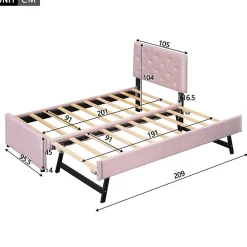 Redom Lit 90x200 cm avec sommier à lattes et tiroir roulant, tête de lit capitonnée à boutons, tapissé velours rose