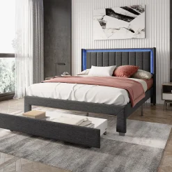 Simple Life Lit 160x200 cm avec sommier à Lattes et tiroir, Lit rembourré avec USB et LED, Gris