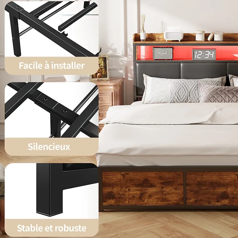 Fortuna lai Lit 160x200 cm avec sommier à lattes, LED, 4 tiroirs, Adolescents, sans matelas Discount