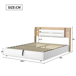 Simple Life Lit 160x200 cm avec sommier à lattes, rangement LED, tête de lit 3 compartiments, polyuréthane blanc, fonction lift hydraulique.