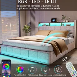 Simple Life Lit 140x190 cm avec sommier éclairage LED et USB, 4 tiroirs et tête de lit de Rangement, Lin, Beige Discount
