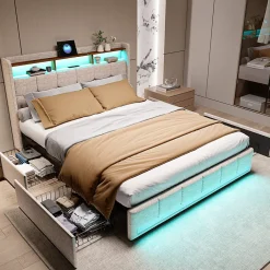 Simple Life Lit 140x190 cm avec sommier éclairage LED et USB, 4 tiroirs et tête de lit de Rangement, Lin, Beige Discount
