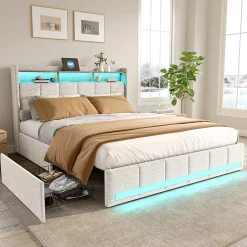 Simple Life Lit 140x190 cm avec sommier éclairage LED et USB, 4 tiroirs et tête de lit de Rangement, Lin, Beige Discount