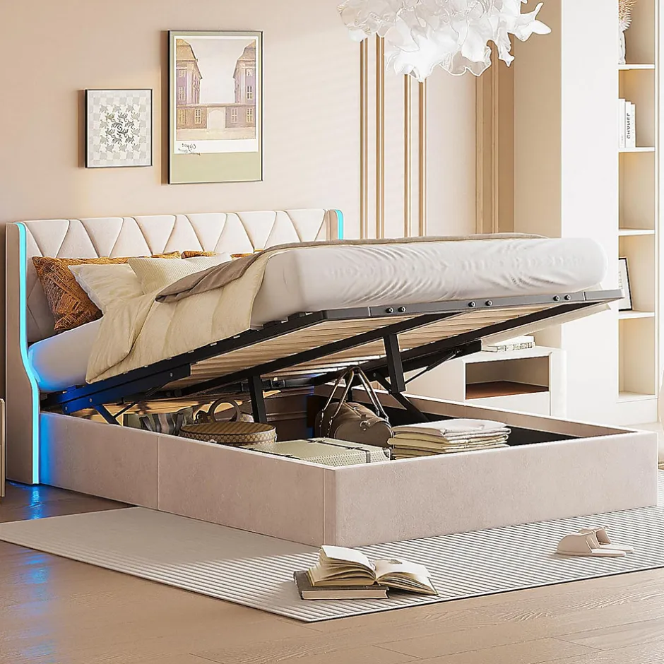 Simple Life Lit 140x190 cm avec Sommier et LED, Lit Coffre 140x190 sommier à Lattes, Velours, Beige