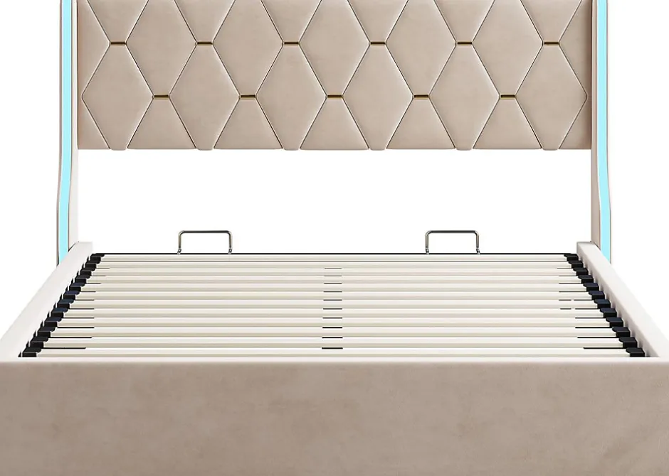Simple Life Lit 140x190 cm avec Sommier et LED, Lit Coffre 140x190 sommier à Lattes, Velours, Beige