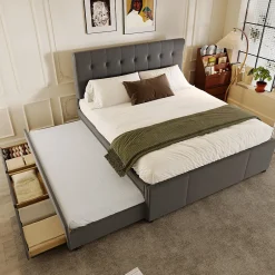 Redom Lit 140x200 cm avec sommier gigogne et 3 tiroirs, tête de lit réglable, tapissé lin gris, cadre bois robuste