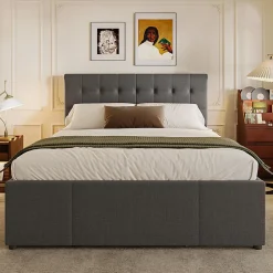 Redom Lit 140x200 cm avec sommier gigogne et 3 tiroirs, tête de lit réglable, tapissé lin gris, cadre bois robuste