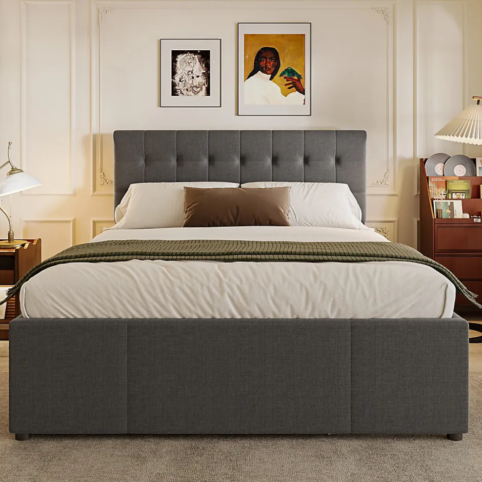 Redom Lit 140x200 cm avec sommier gigogne et 3 tiroirs, tête de lit réglable, tapissé lin gris, cadre bois robuste