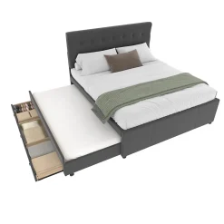 Redom Lit 140x200 cm avec sommier gigogne et 3 tiroirs, tête de lit réglable, tapissé lin gris, cadre bois robuste