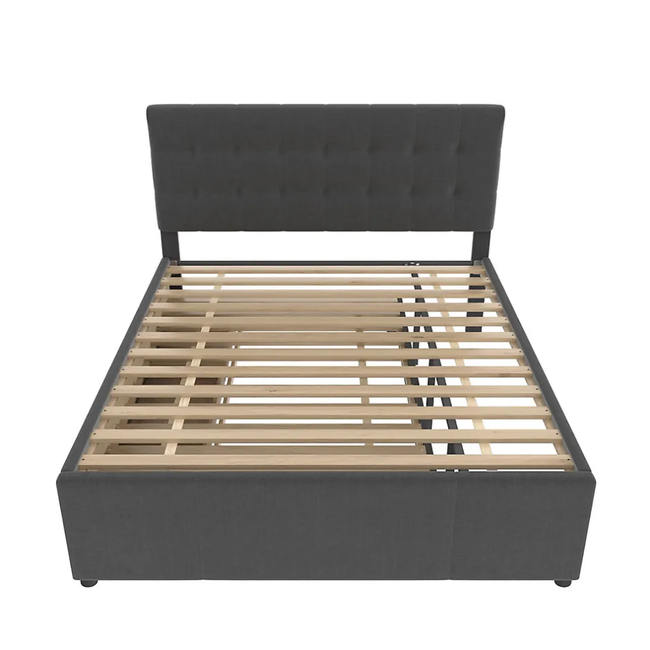 Redom Lit 140x200 cm avec sommier gigogne et 3 tiroirs, tête de lit réglable, tapissé lin gris, cadre bois robuste