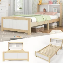 Redom Lit 90x200 cm avec tete de rangement integree, sommier a lattes, bois massif et MDF, finitions naturel blanc, pied bas 48 cm Clearance