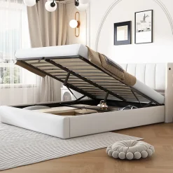 Redom Lit 140x200 cm avec tete reglable 0deg 30deg et eclairage LED dimmable, port USB et revetement PU blanc Outlet