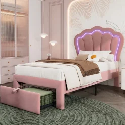 Redom Lit 90x190 cm avec tiroir de rangement, tête de lit velours réglable à motifs floraux et éclairage LED RGB