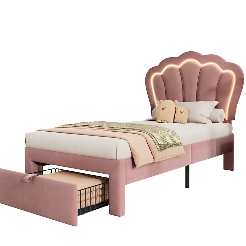 Redom Lit 90x190 cm avec tiroir de rangement, tête de lit velours réglable à motifs floraux et éclairage LED RGB
