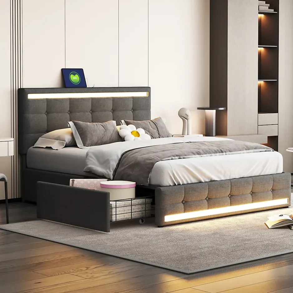 Simple Life Lit 140x200 cm avec tiroirs, capitonné, rangement, LED, 2 chargeurs USB, sommier à lattes, gris. Best