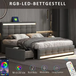 Simple Life Lit 140x200 cm avec tiroirs, capitonné, rangement, LED, 2 chargeurs USB, sommier à lattes, gris. Best