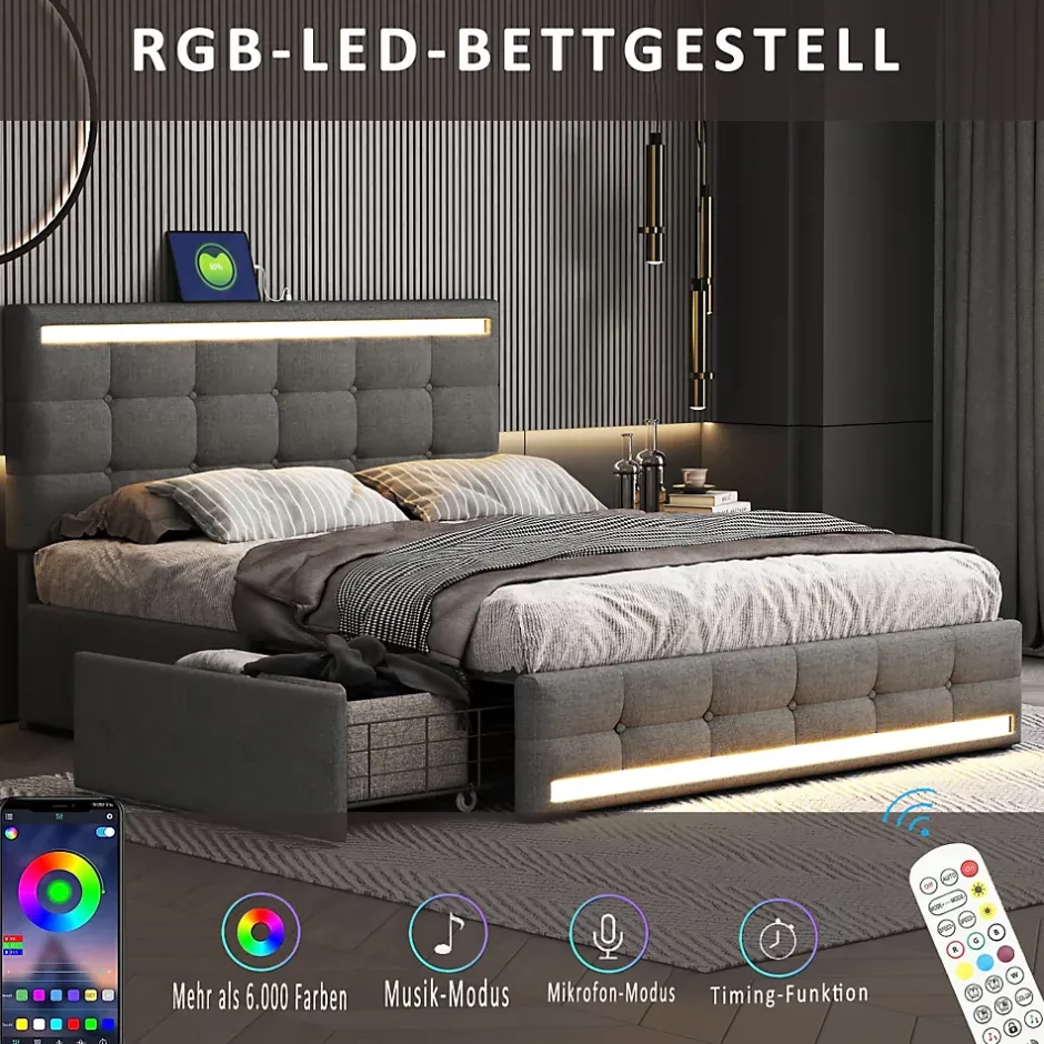 Simple Life Lit 140x200 cm avec tiroirs, capitonné, rangement, LED, 2 chargeurs USB, sommier à lattes, gris. Best