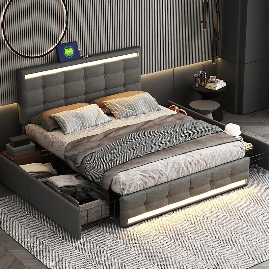 Simple Life Lit 140x200 cm avec tiroirs, capitonné, rangement, LED, 2 chargeurs USB, sommier à lattes, gris. Best